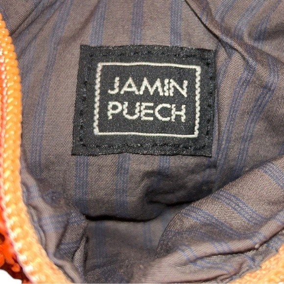 Jamin Puech Paris Hand Crocheted Raffia Straw Orange Zipper Pouch Bag Wallet - Picture 5 of 12
